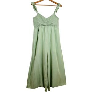 Mittoshop Large Green Smocked Crop Jumpsuit Ruffle Strap Wide Leg Casual